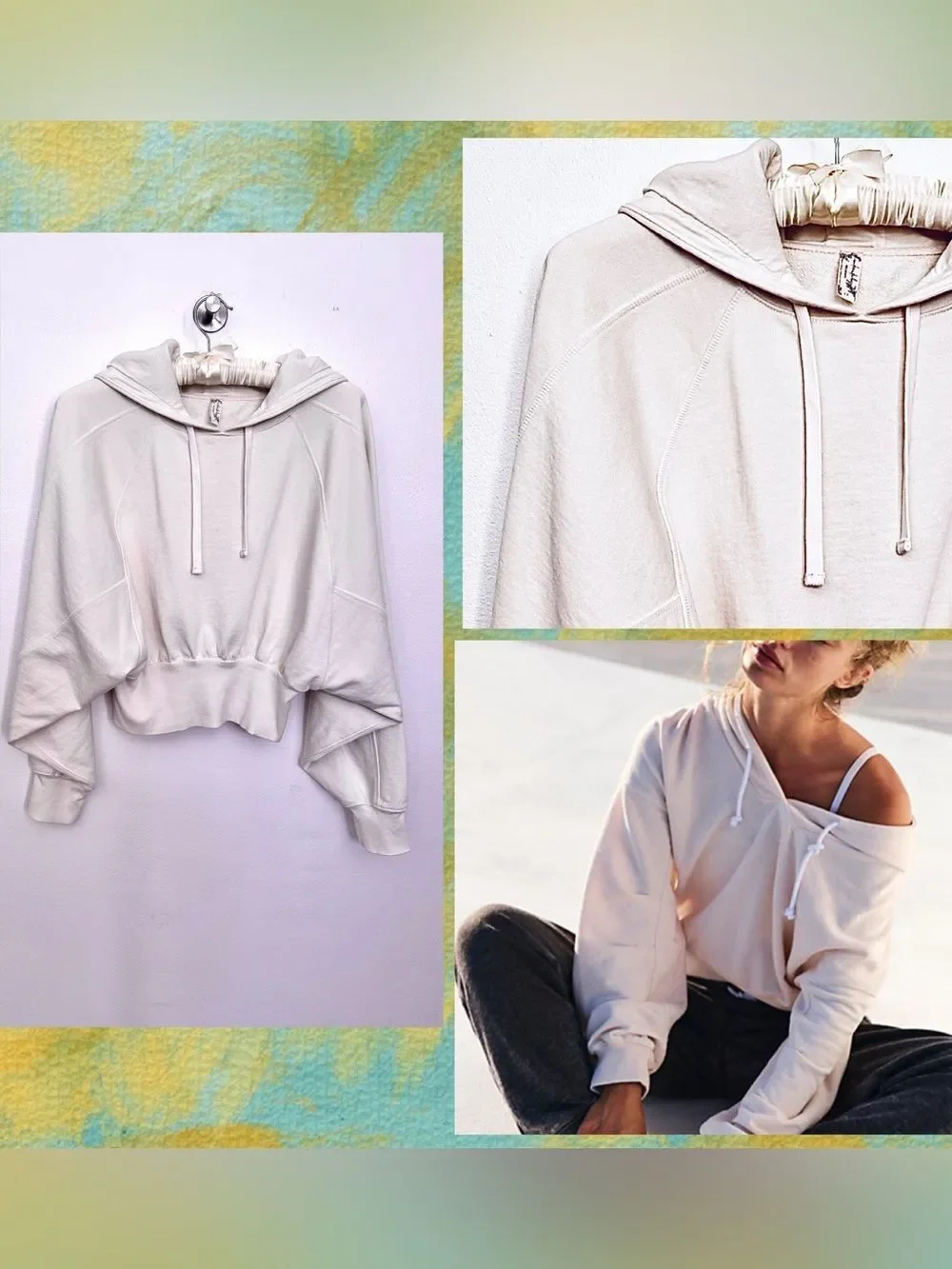 Free People Playbook Off-White Sweatshirt “Cream/Tofu” Baggie Semi-Crop Hoodie